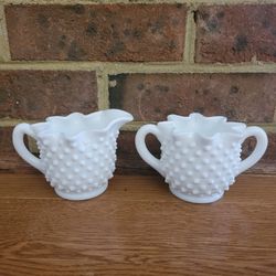 Hobnail White Milk Glass Cream and Sugar Marked Fenton