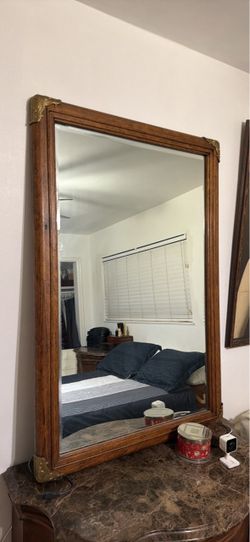 Large Wood Framed Wall Mirror with Brass Corners