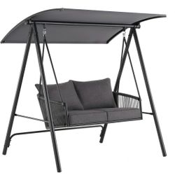 Mainstays Lawson Ridge 2-Seat Steel Outdoor Freestanding Porch Swing with Canopy and Cushions, Black