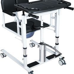 Patient Lift Transfer Chair for Elderly and Home, Portable Adjustable Height Lift Nursing Wheelchair 180° Split PU Leather and Thickened Sponge Seat,
