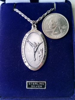 Large Sterling Silver St. Christopher Football Medal on a 24-inch stainless steel rope chain. Religious jewelry.