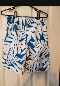 Blue Tropical Print Swim Trunks