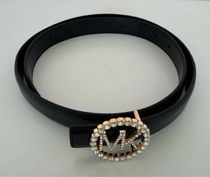 Women rhinestone letter buckle belt black