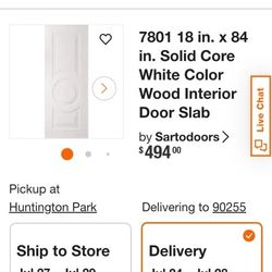 18 In X 84  Solid Core White Color Wood Interior Door Slab.