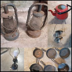Lanterns, cast iron pans and lamp