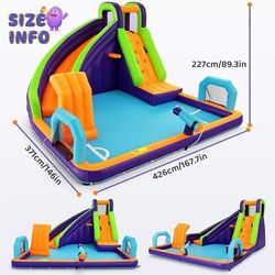 C97 $210  7 in 1 Inflatable Water Slides with 450W Blower for Kids (Deep Blue) Inflatable Water Park Bounce House with 840D&420D Oxford Fabric for Ind