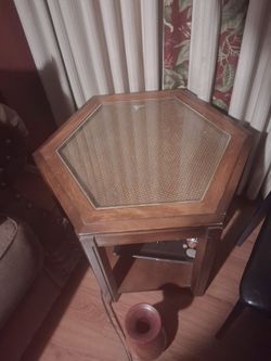 nd Table: Side Table-Six Leg, Lower Shelf, Glass Inset Top Over Cane Insert With Brass Stip Accent, 70’s Medium Wood