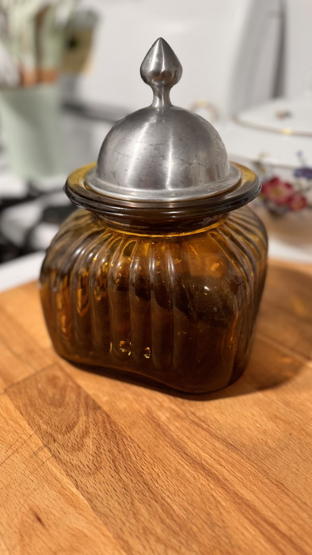 Vintage Ribbed Amber Brown Glass Jar w/Metal Lid