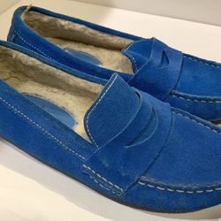 Cole Haan Nike Air Women’s Blue Suede Driving Moccasins Penny Loafers Fur Lined 6.5