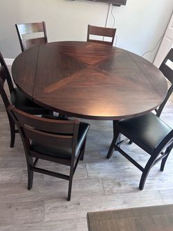 7-piece Expandable Dining Table Set - Square to 65” Round + 6 Chairs