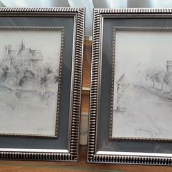 Pair of Glass Framed pencil Etching prints. 14" × 14"