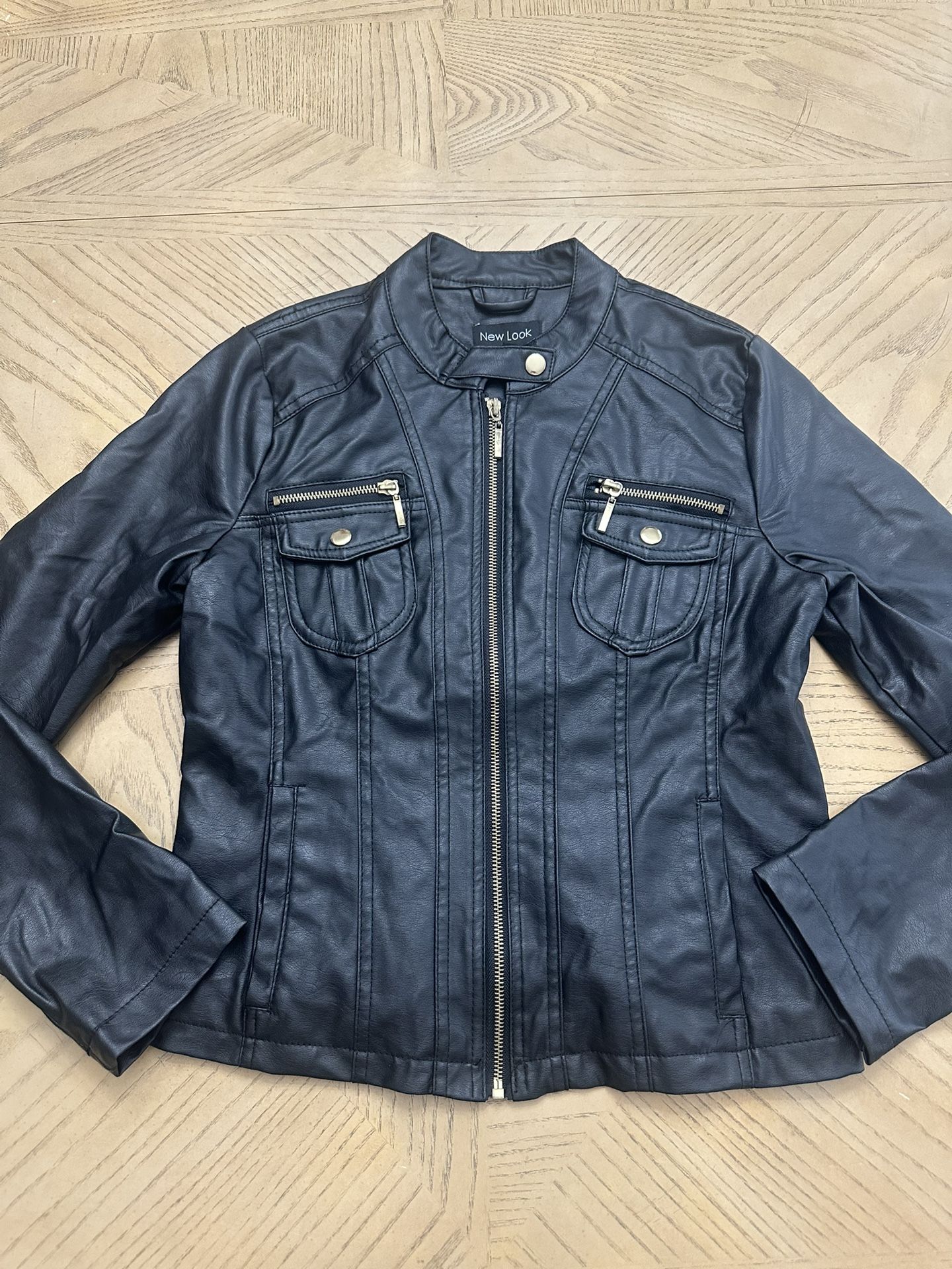 New Look Black faux leather jacket with Gold zippers size medium
