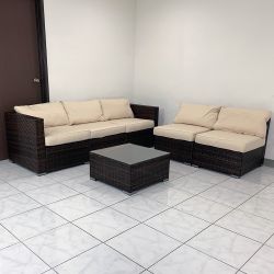 New in Box $395 Patio Furniture (6pcs) Set Outdoor Sectional Set Wicker Rattan Sofa Chair Set w/ Cushion, Glass Table 