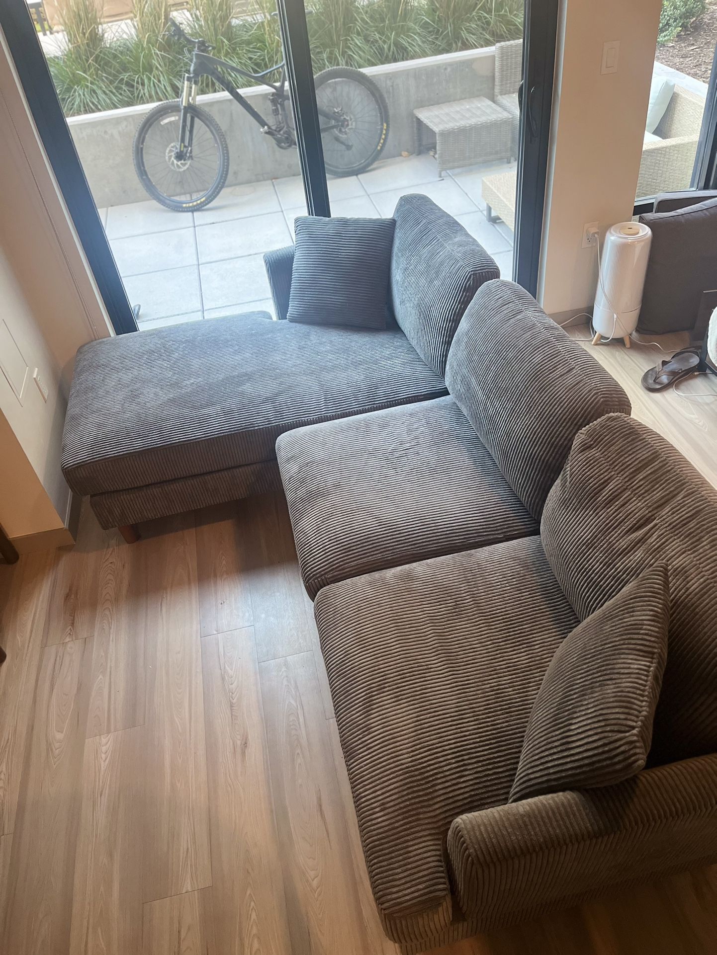 Corduroy two piece sectional couch