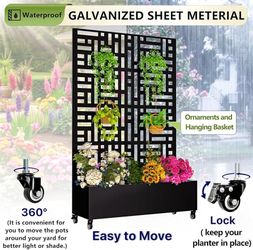 Metal Planter Box with Trellis,72"x47"x16"Galvanized Steel Outdoor Raised Garden Bed with Privacy Screen,with Drainage Holes & Lockable Casters for Cl