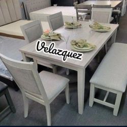 ✅️✅️ 6 pc light finish wood  dining table set padded seat chairs and bench ✅️✅️