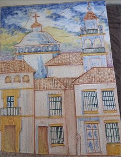 Vintage Style 1950s Spanish/Portuguese Street Scene Watercolor Gouache Painting