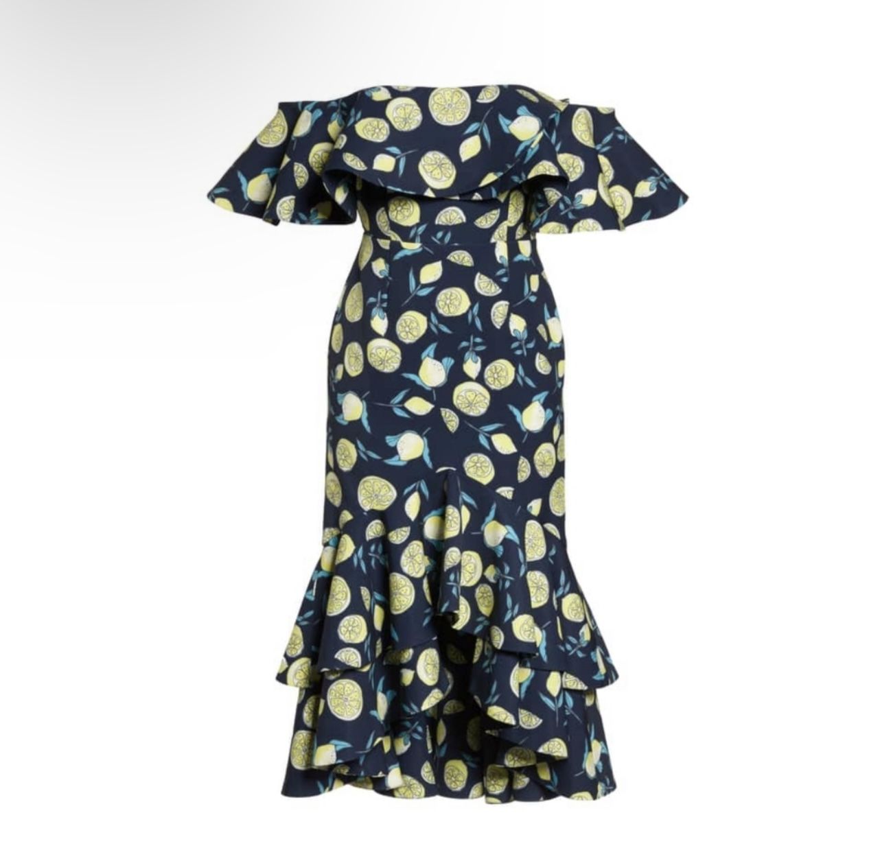 Limited Edition Fame & Partners Lemon Print Off The Shoulder Dress
