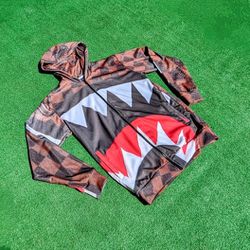 Flying Tigers Large Shark Mouth L/S Brown Check Rageon Hoodie Small Jacket NWOT