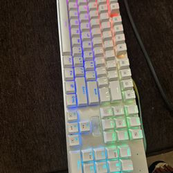 Multicolor white keyboard with different color patterns ,white mouse multi colored as well and an additional 20 blue switches and exotic pc mouse pad 