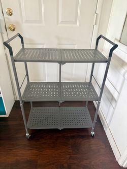 3-Shelf Foldable Utility Service Cart Plastic Rolling Cart in Black with Lockable Wheels
