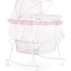 Dream On Me Lacy Portable 2-in-1 Bassinet & Cradle In Pink and White.