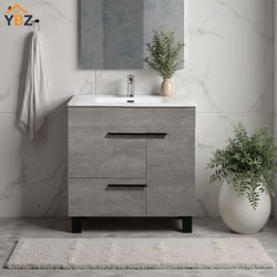 Gill 36'' Cement Grey Freestanding Bathroom Vanity with White Ceramic Countertop