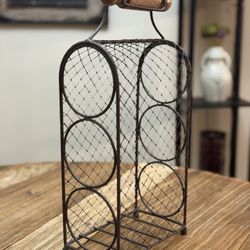 Handcrafted Tabletop Rustic Wine Rack Metal With Wood Handle