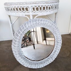 Wicker Rattan Table And Hanging Mirror Set White 30x30x13 & 17 Inch Mirror