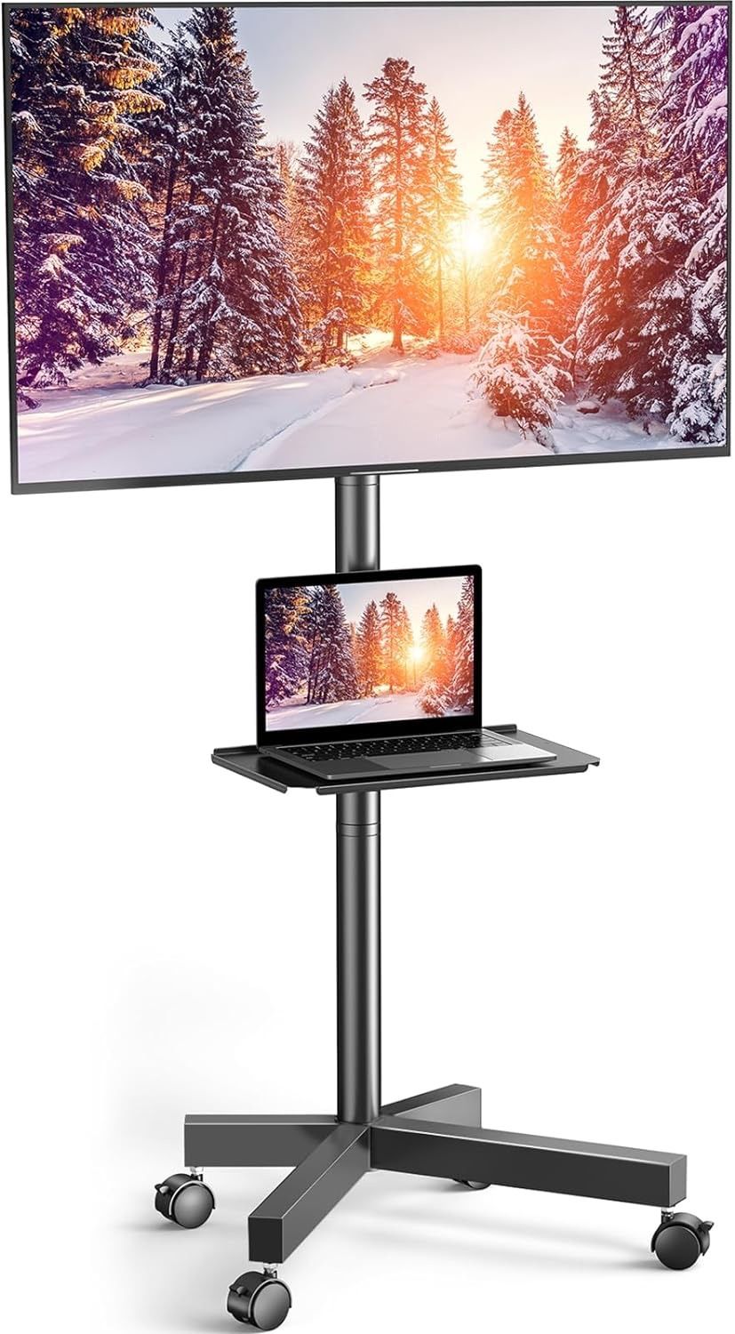 PERLESMITH Mobile TV Cart with Wheels for 23-60 Inch LCD LED OLED Flat Curved Screen Outdoor TVs Height Adjustable Shelf Floor Stand Holds up to 55lbs