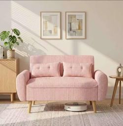 48'' Loveseat Sofa, Mid-Century Modern Upholstered Couch Deep Seat with 2 Pillows, 10" Thick Cushion with Spring, Solid Wood Frame Small Couch for Liv