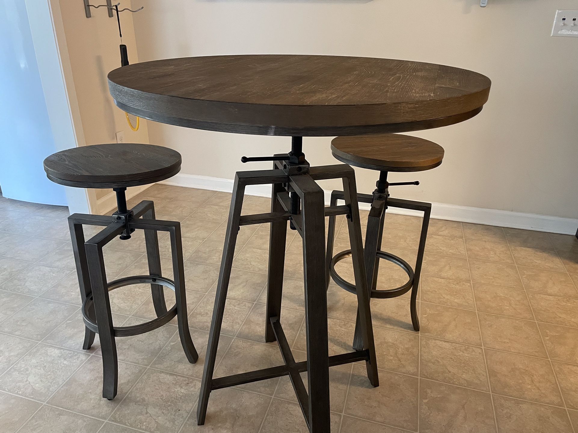 Industrial Adjustable Height Pub Table Set with 2 Bar Stools