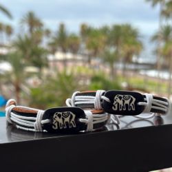 Black Leather Elephant Embellishment Rope Twine Rope Cord Pull Tie Bracelet