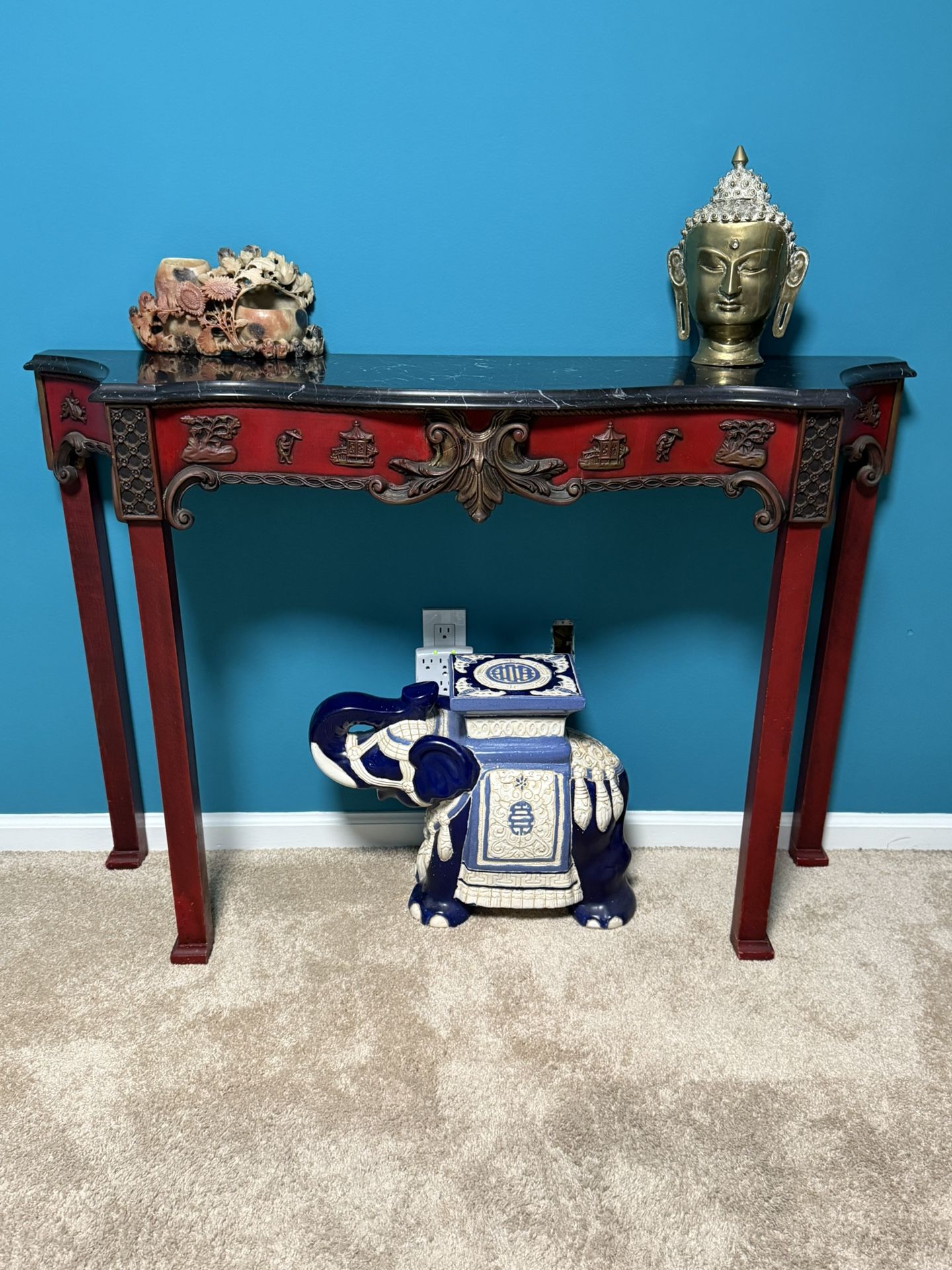 Red Asian Oriental Console Table with Marble Top