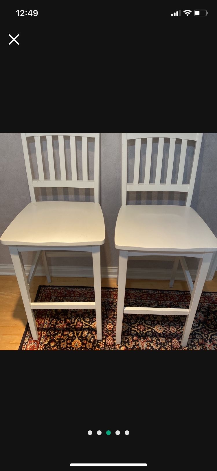 2 White Solid Wood Bar Stools Wide Seat