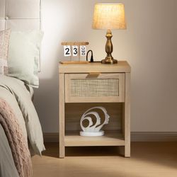 Night Stand with Charging Station - Rattan Nightstand with Type-C and USB Ports, Farmhouse Boho Bed Side Table with Drawer and Open Shelf for Bedroom 