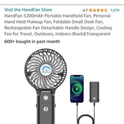 New in Box: Portable Hand Fan, Built in Power Bank, 5200mAh battery, charges, folds