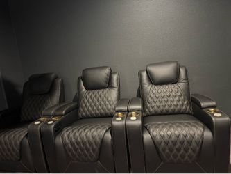 Genuine Leather Black and Gold Theater Chairs set of 3