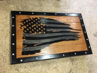 Tattered Metal American Flag Fabricated on Golden Mahogany Pine