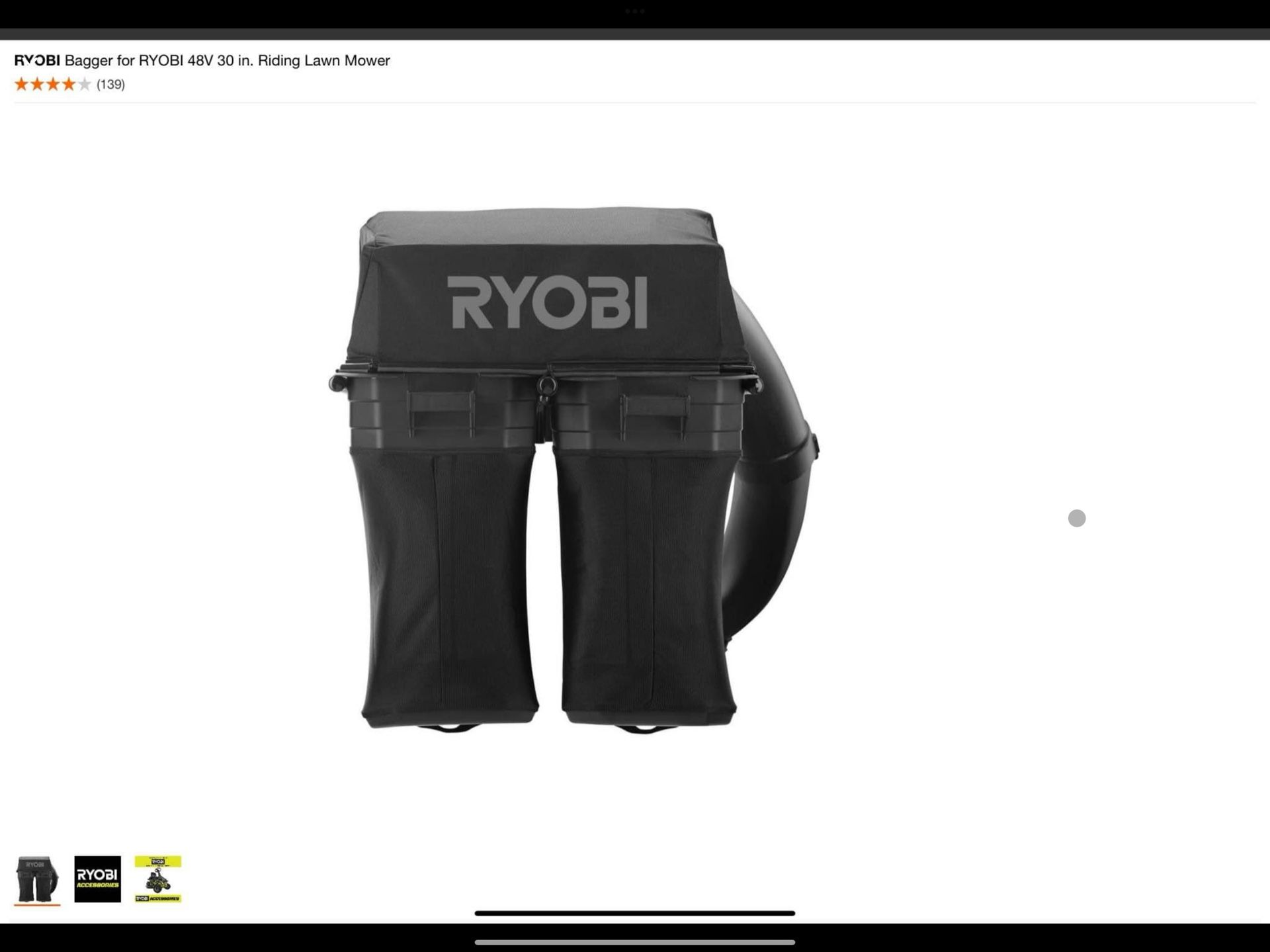  RYOBI Bagger for RYOBI 48V 30 in. Riding Lawn Mower .,.,.,., Bag only for your tractor this brand new in box  
