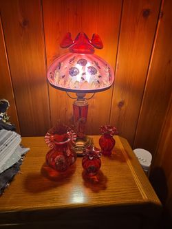 Rare Hand-painted Fenton Cranberry Glass Hurricane Lamp & 3 Vases - Pansy motif