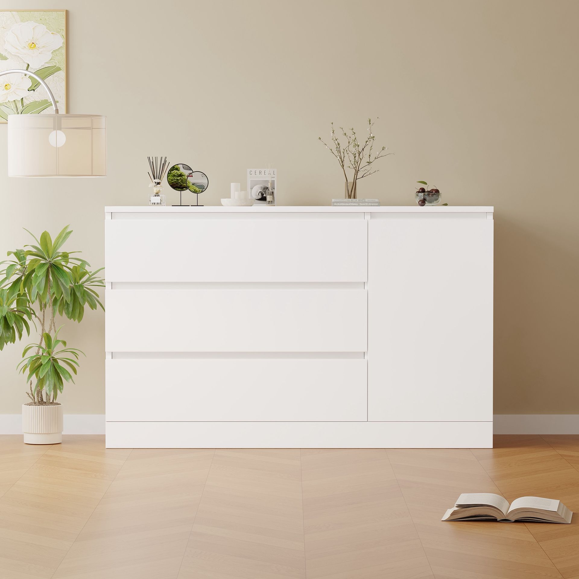 Homy Casa Free Shipping Modern White 4-Drawer Side Cabinet with Door – Spacious Storage for Bedroom, Living Room, or Office (47.24" x 15.75" x 29.53")