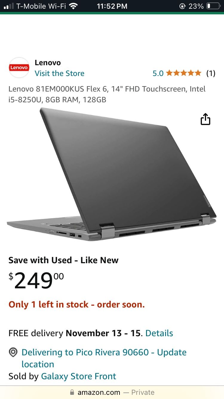 Lenovo Flex 6, 14" FHD Touchscreen, Intel i5-8250U, 8GB RAM, 128GB