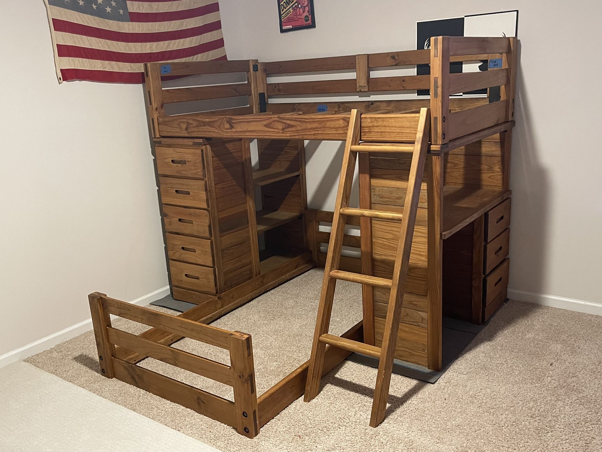 Double Twin Wooden Loft Bed w/built In Desk Shelves & Drawers
