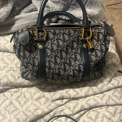 Christian Dior Oblique Canvas Leather Boston Hand Bag Navy 
