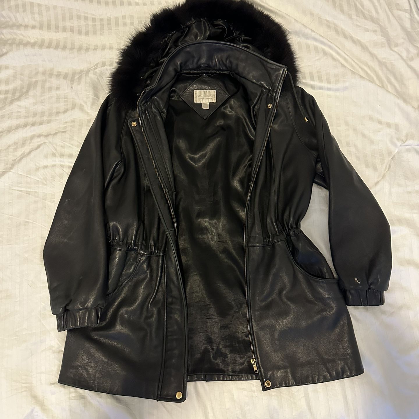 Worthington Genuine Lambskin Leather Women’s Jacket With Fox Trim Hoodie