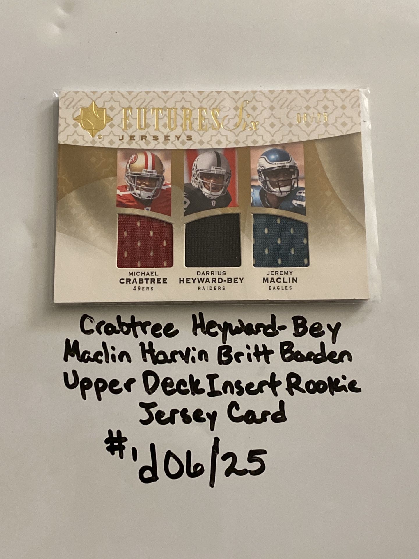 Crabtree 49ers Heyward-Bey Raiders Maclin Eagles Harvin Vikings Britt Titans Barden Giants Upper Deck Short Print Insert Rookie Jersey Card.