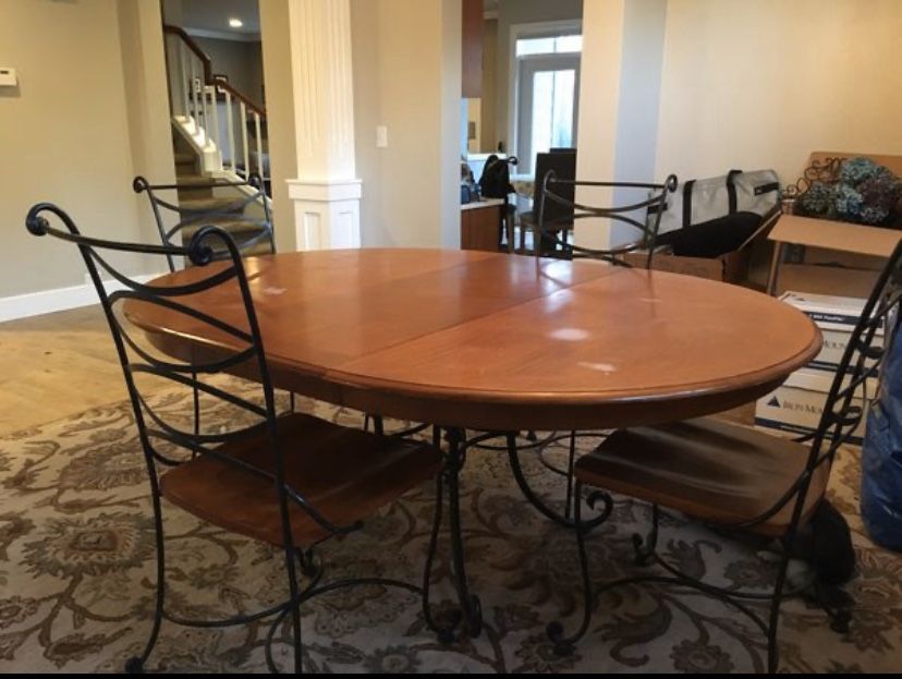 Wood & iron round table with extension and 5 chairs