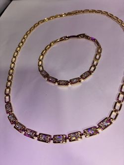 14k gold plated matching necklace and bracelet set with sparkling rectangular crystal links