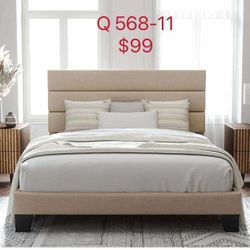 Queen Size Platform Bed Frame with Fabric Upholstered Headboard,Beige(568-11)